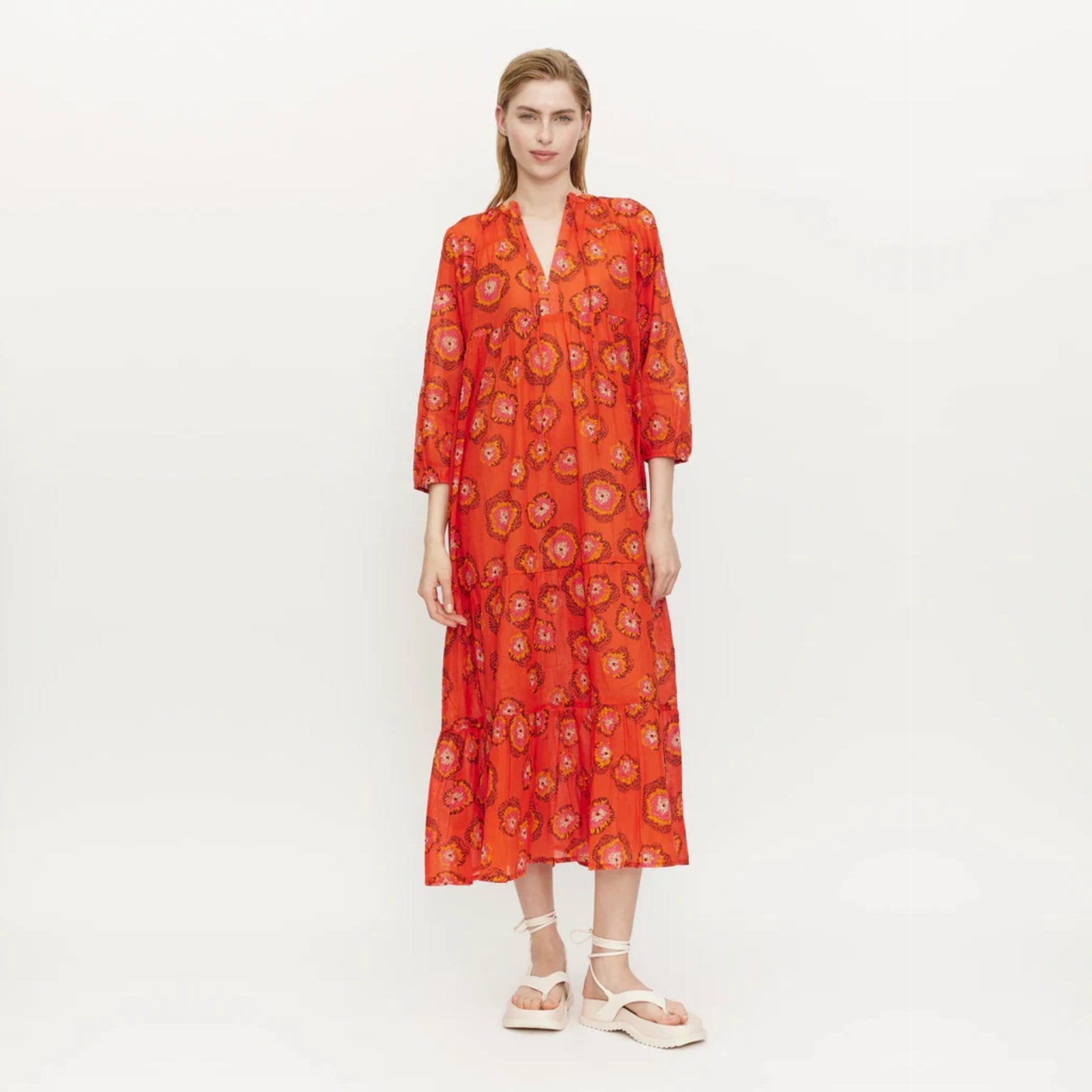 Compania Fantastica Long Dress - Flowers Red and Orange